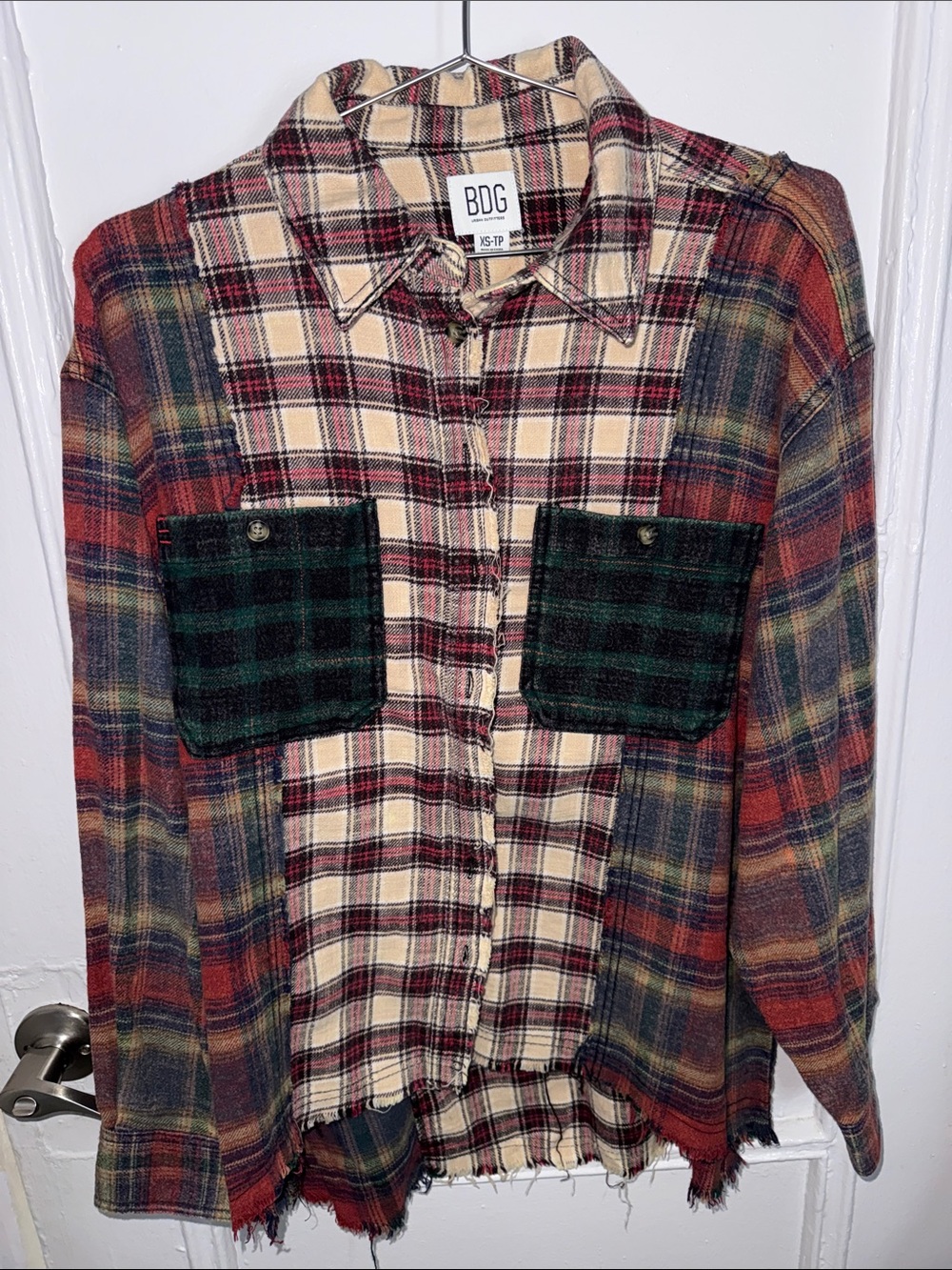 BDG Plaid Flannel Button-Front Shirt Jacket in Red, Cream & Green